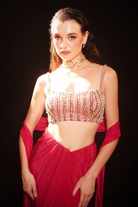 Buy_Anshika Tak Label_Beige Crepe Beads, Sequins Square Neck Embroidered Blouse Draped Skirt Set _Online_at_Aza_Fashions