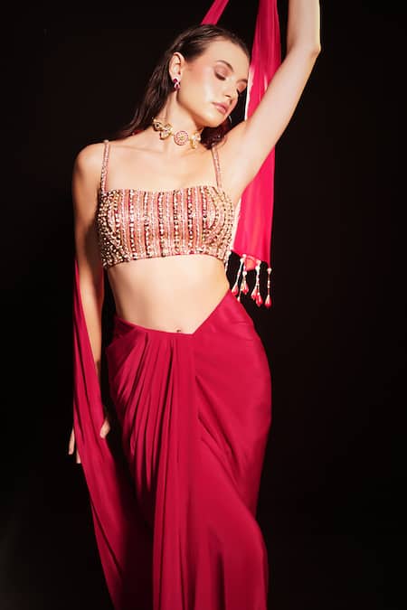 Shop_Anshika Tak Label_Beige Crepe Beads, Sequins Square Neck Embroidered Blouse Draped Skirt Set _Online_at_Aza_Fashions