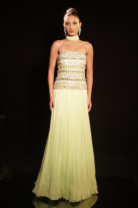 Anshika Tak Label_Green Net, Georgette, Crepe Crystals, Mirrors, Strapless Embroidered Gown _Online_at_Aza_Fashions