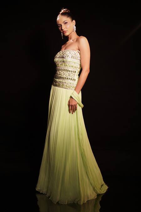 Shop_Anshika Tak Label_Green Net, Georgette, Crepe Crystals, Mirrors, Strapless Embroidered Gown _Online_at_Aza_Fashions