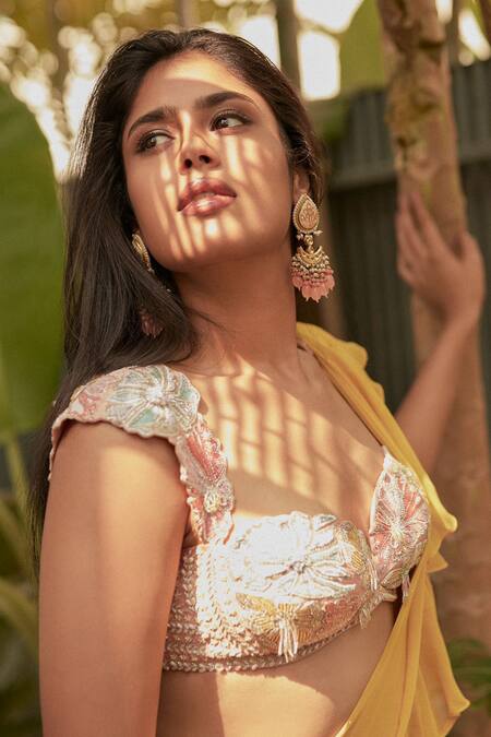 Shop_Anu Pellakuru_Yellow Georgette, Silk Beads, Pearls Plain Pre-draped Ruffle Saree Set 