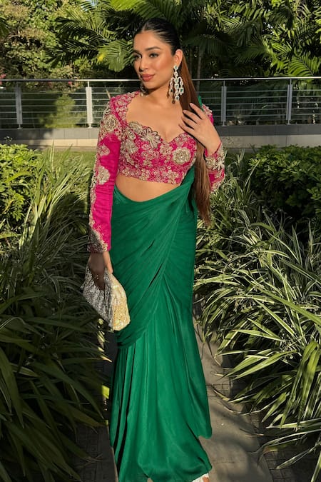 Shop_Anu Pellakuru_Green Silk, Chiffon Pearls, Zari Pre-draped Saree With Embroidered Blouse 