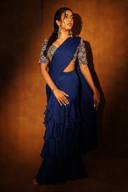 Anu Pellakuru Pre-Draped Saree With Embroidered Blouse 