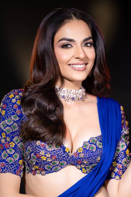 Shop_Anu Pellakuru_Blue Silk, Satin, Chiffon Zari, Embroidery Pre-draped Saree With Blouse 