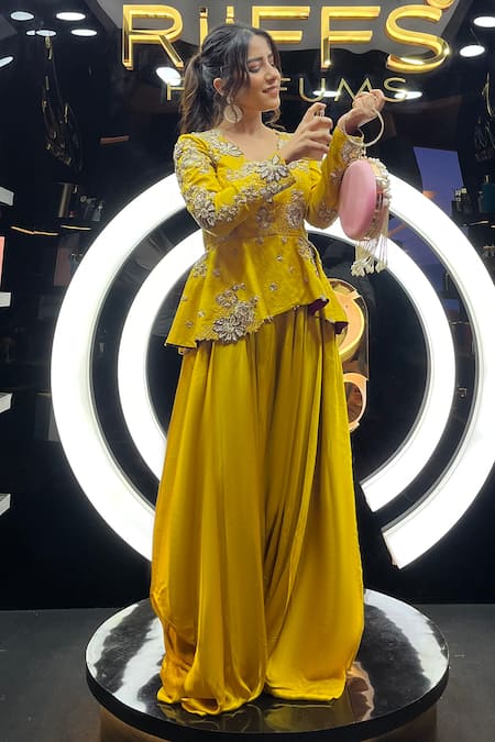 Shop_Anu Pellakuru_Yellow Silk, Modal Zari, Pearls V-neck Hand Embroidered Jacket And Palazzo Set 