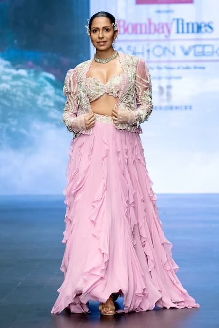 Anu Pellakuru_Purple Silk, Organza, Georgette Ruffle Lehenga Zardozi Embroidered Jacket Set _at_Aza_Fashions