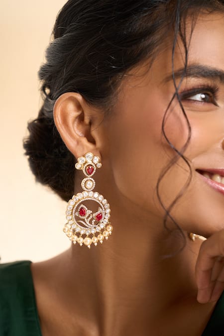Nazaakat By Samara Singh_Red Pearls, Stones, Crystals Embellished Circular Drop Dangler Earrings _Online_at_Aza_Fashions