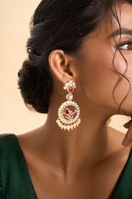 Shop_Nazaakat By Samara Singh_Red Pearls, Stones, Crystals Embellished Circular Drop Dangler Earrings _Online_at_Aza_Fashions