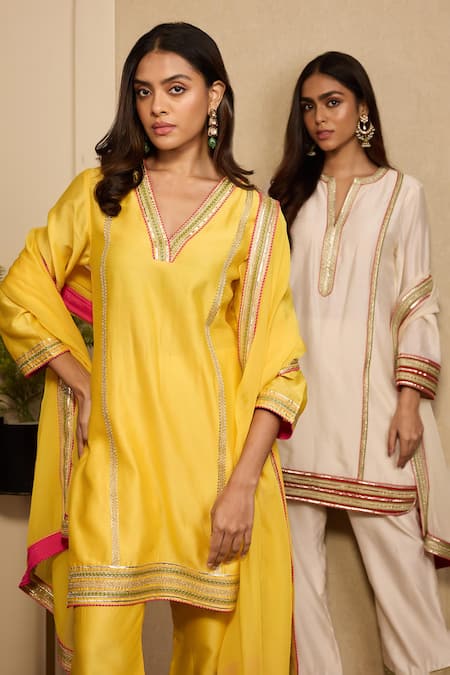 Buy_Neha Mehra_Yellow Chanderi Gota Patti, Zari, Embroidery, Piping V-neck Hand Kurta Set _Online_at_Aza_Fashions