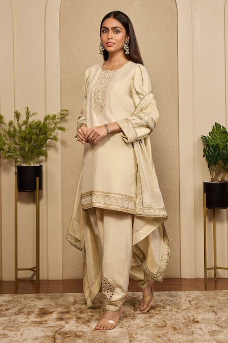Neha Mehra_Beige Embroidery, Zari, Cut Work Round Neck, Button-down Hand Kurta Salwar Set _Online_at_Aza_Fashions