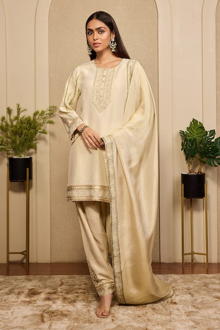 Shop_Neha Mehra_Beige Embroidery, Zari, Cut Work Round Neck, Button-down Hand Kurta Salwar Set _Online_at_Aza_Fashions