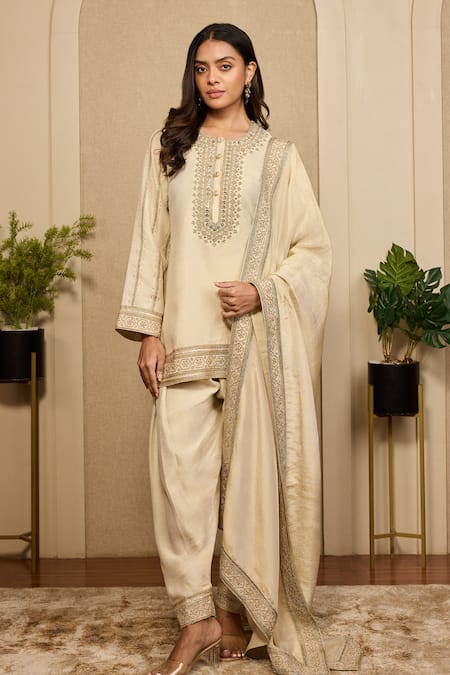 Shop_Neha Mehra_Beige Embroidery, Zari, Cut Work Round Neck, Button-down Hand Kurta Salwar Set 