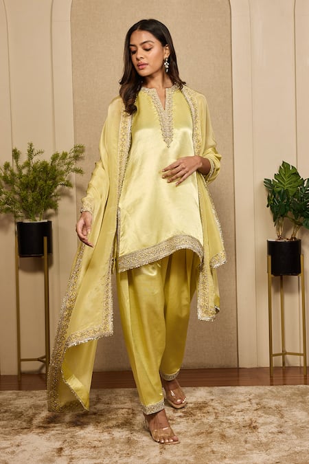 Neha Mehra_Green Embroidery, Sequins, Metallic Thread Split V-neck Hand Kurta Salwar Set _Online_at_Aza_Fashions