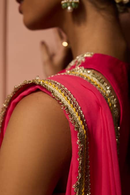 Neha Mehra_Pink Silk Embroidery, Zari Split V-neck Hand Raw Kurta Set _Online_at_Aza_Fashions