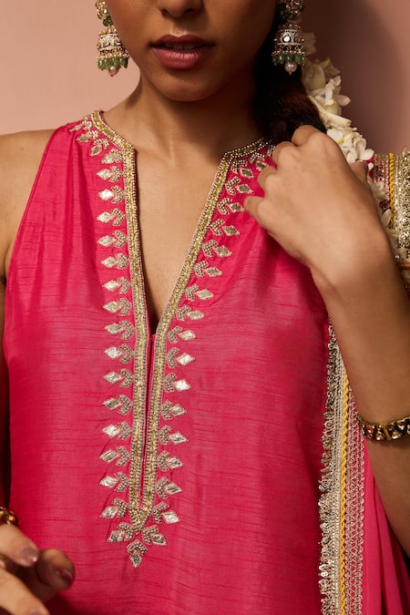 Neha Mehra_Pink Silk Embroidery, Zari Split V-neck Hand Raw Kurta Set _at_Aza_Fashions