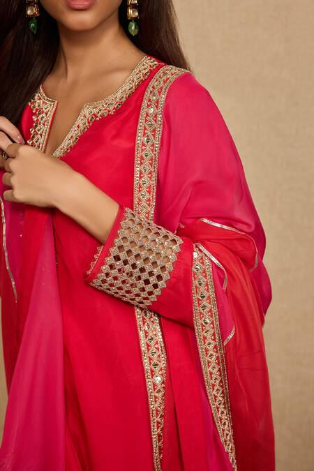 Shop_Neha Mehra_Red Silk Embroidery, Mirrors, Zari Split V-neck Hand Kurta Salwar Set _Online_at_Aza_Fashions