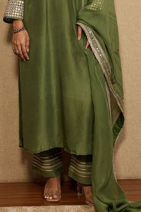 Neha Mehra_Olive Green Silk Embroidery, Mirrors, Zari Round Neck Kurta Salwar Set _Online_at_Aza_Fashions