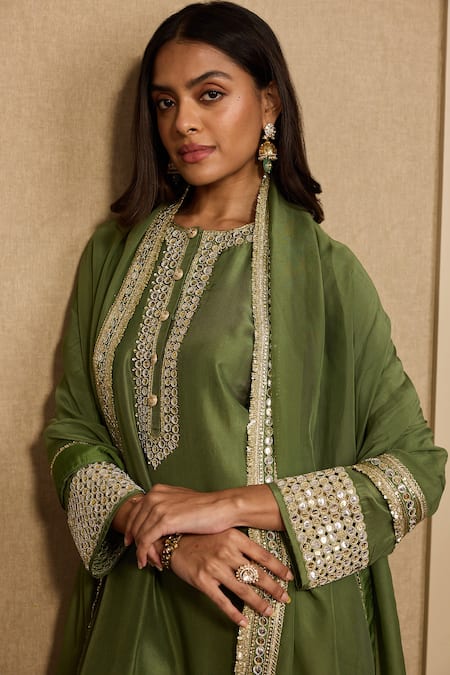 Shop_Neha Mehra_Olive Green Silk Embroidery, Mirrors, Zari Round Neck Kurta Salwar Set _Online_at_Aza_Fashions