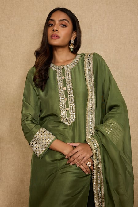 Neha Mehra_Olive Green Silk Embroidery, Mirrors, Zari Round Neck Kurta Salwar Set _at_Aza_Fashions