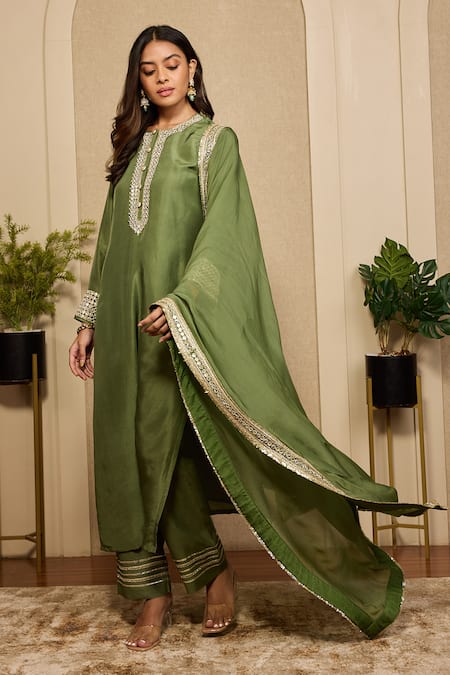 Buy_Neha Mehra_Olive Green Silk Embroidery, Mirrors, Zari Round Neck Kurta Salwar Set 