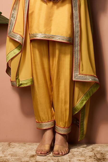 Neha Mehra_Yellow Silk Embroidery, Mirrors, Zari, Sequins Split Hand Kurta Salwar Set _Online_at_Aza_Fashions