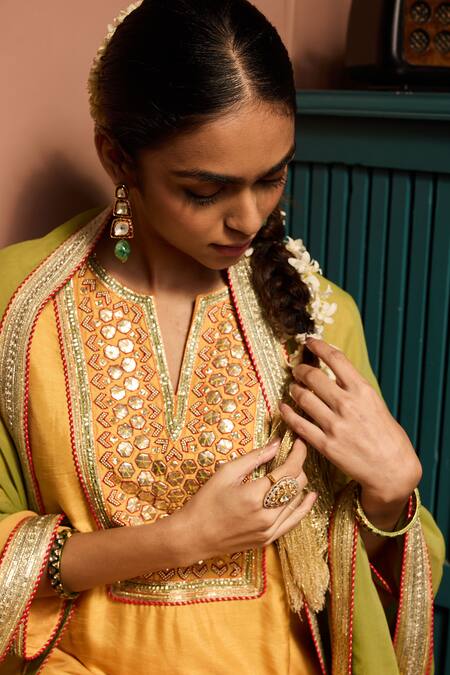 Shop_Neha Mehra_Yellow Silk Embroidery, Mirrors, Zari, Sequins Split Hand Kurta Salwar Set _Online_at_Aza_Fashions