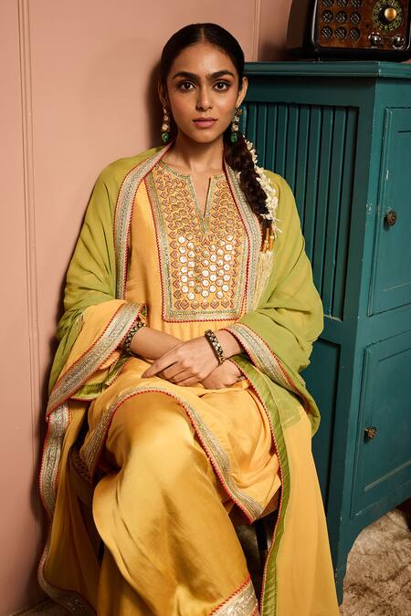 Neha Mehra_Yellow Silk Embroidery, Mirrors, Zari, Sequins Split Hand Kurta Salwar Set _at_Aza_Fashions