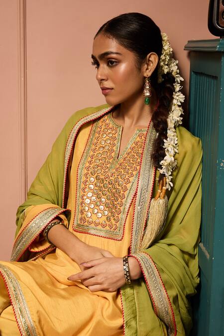 Shop_Neha Mehra_Yellow Silk Embroidery, Mirrors, Zari, Sequins Split Hand Kurta Salwar Set 