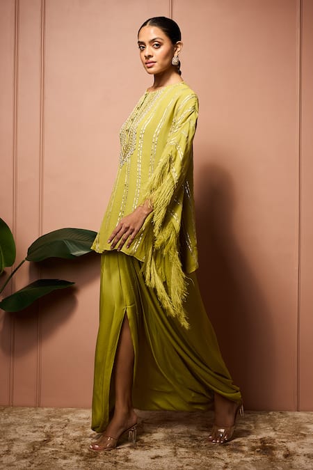 Neha Mehra_Green Georgette Embroidery, Fringe Round Neck Hand Kaftan And Draped Skirt Set _Online_at_Aza_Fashions