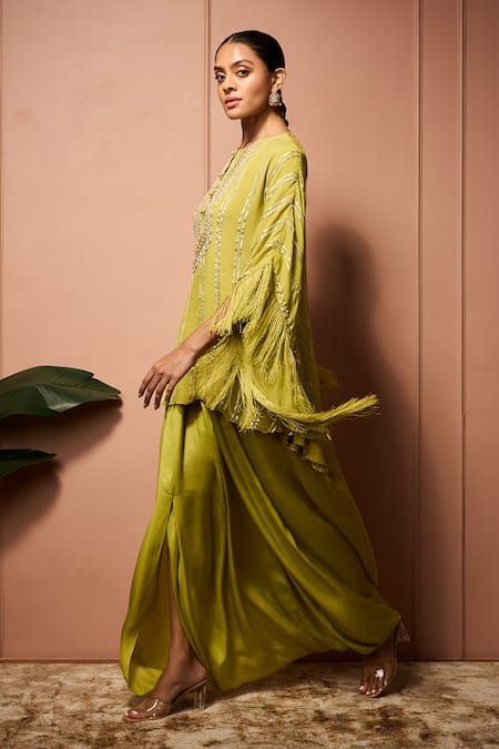 Buy_Neha Mehra_Green Georgette Embroidery, Fringe Round Neck Hand Kaftan And Draped Skirt Set _Online_at_Aza_Fashions