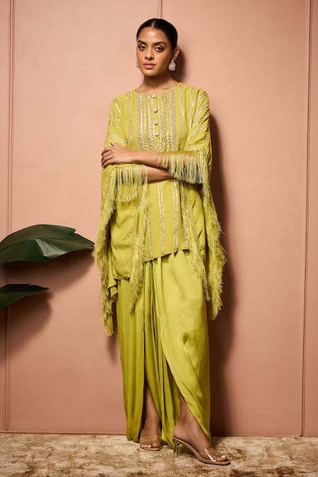 Shop_Neha Mehra_Green Georgette Embroidery, Fringe Round Neck Hand Kaftan And Draped Skirt Set _Online_at_Aza_Fashions