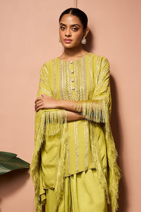 Buy_Neha Mehra_Green Georgette Embroidery, Fringe Round Neck Hand Kaftan And Draped Skirt Set 