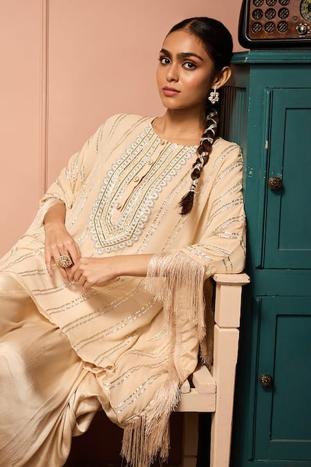 Neha Mehra_Beige Georgette Embroidery, Sequins, Fringe Hand Kaftan And Draped Skirt Set _Online_at_Aza_Fashions