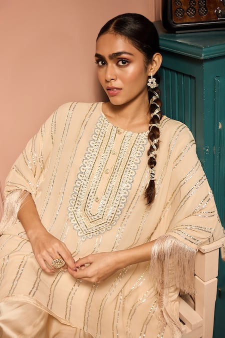 Buy_Neha Mehra_Beige Georgette Embroidery, Sequins, Fringe Hand Kaftan And Draped Skirt Set _Online_at_Aza_Fashions