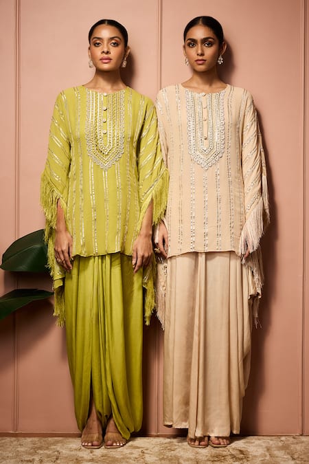 Shop_Neha Mehra_Beige Georgette Embroidery, Sequins, Fringe Hand Kaftan And Draped Skirt Set _Online_at_Aza_Fashions