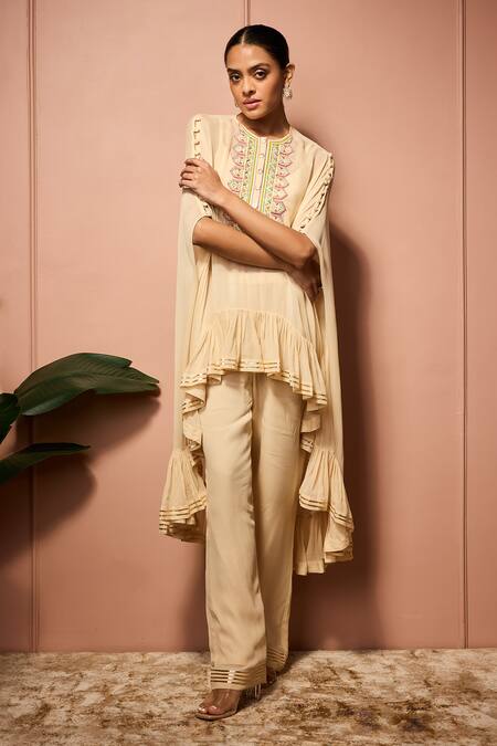 Buy_Neha Mehra_Beige Georgette Round Neck Hand Embroidered Kaftan And Pant Set _Online_at_Aza_Fashions