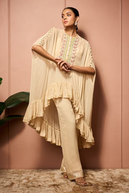 Shop_Neha Mehra_Beige Georgette Round Neck Hand Embroidered Kaftan And Pant Set _Online_at_Aza_Fashions