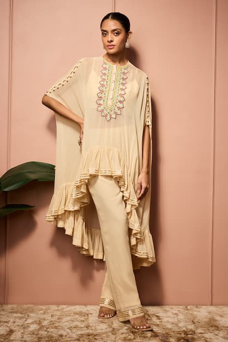 Neha Mehra_Beige Georgette Round Neck Hand Embroidered Kaftan And Pant Set _at_Aza_Fashions