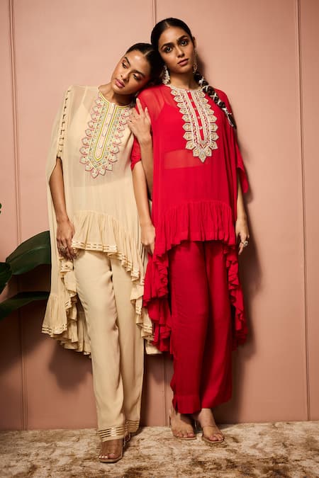 Buy_Neha Mehra_Red Georgette Embroidery, Metallic Thread Round Neck Hand Kaftan And Pant Set _Online_at_Aza_Fashions