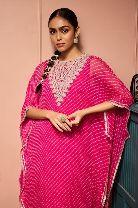 Neha Mehra_Pink Georgette Embroidery Round Neck Leheriya Hand Kaftan And Skirt Set _Online_at_Aza_Fashions
