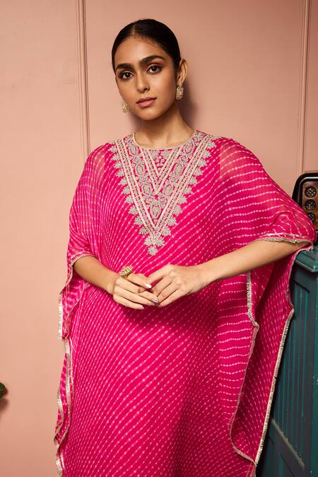 Buy_Neha Mehra_Pink Georgette Embroidery Round Neck Leheriya Hand Kaftan And Skirt Set _Online_at_Aza_Fashions