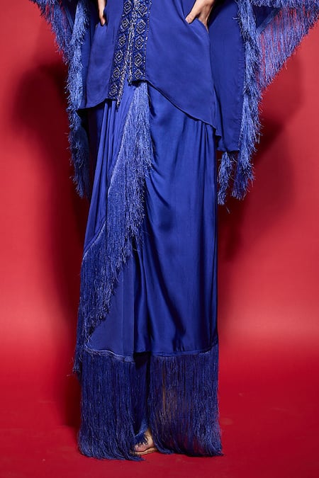 Neha Mehra_Blue Georgette Fringe, Beads, Sequins, Hand Kaftan And Draped Skirt Set _Online_at_Aza_Fashions