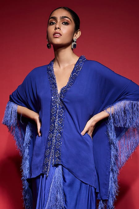 Buy_Neha Mehra_Blue Georgette Fringe, Beads, Sequins, Hand Kaftan And Draped Skirt Set _Online_at_Aza_Fashions