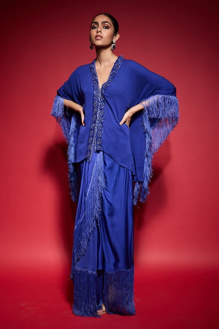 Neha Mehra_Blue Georgette Fringe, Beads, Sequins, Hand Kaftan And Draped Skirt Set _at_Aza_Fashions