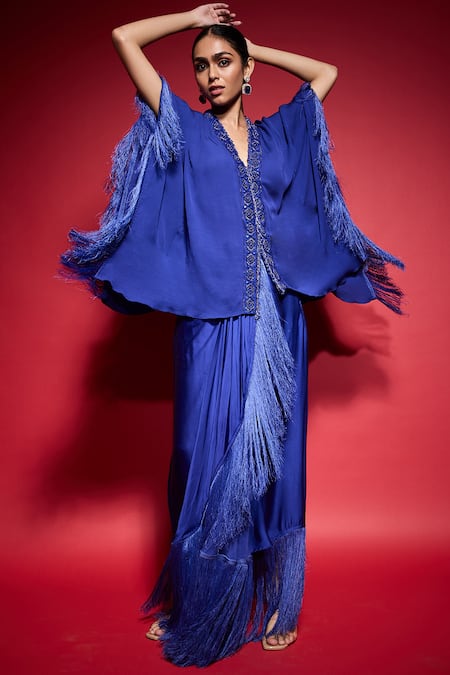 Buy_Neha Mehra_Blue Georgette Fringe, Beads, Sequins, Hand Kaftan And Draped Skirt Set 