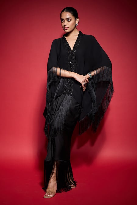 Neha Mehra_Black Georgette Embroidery, Sequins, Fringe V-neck Kaftan And Skirt Set _Online_at_Aza_Fashions