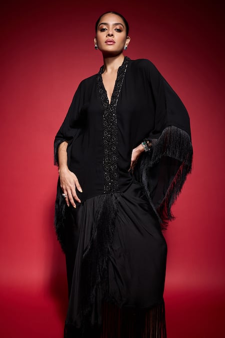 Buy_Neha Mehra_Black Georgette Embroidery, Sequins, Fringe V-neck Kaftan And Skirt Set _Online_at_Aza_Fashions