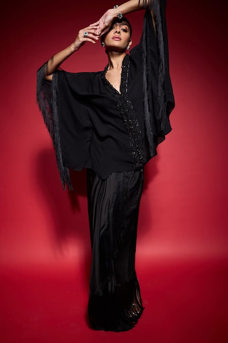 Neha Mehra Fringe Embroidered Kaftan & Skirt Set 