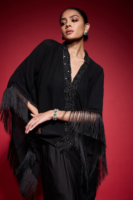 Neha Mehra_Black Georgette Embroidery, Sequins, Fringe V-neck Kaftan And Skirt Set _at_Aza_Fashions