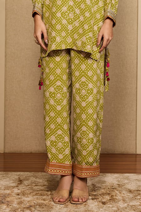 Buy_Neha Mehra_Green Crepe Embroidery, Sequins, Metallic Thread Round Printed Kurta And Pant Set _Online_at_Aza_Fashions
